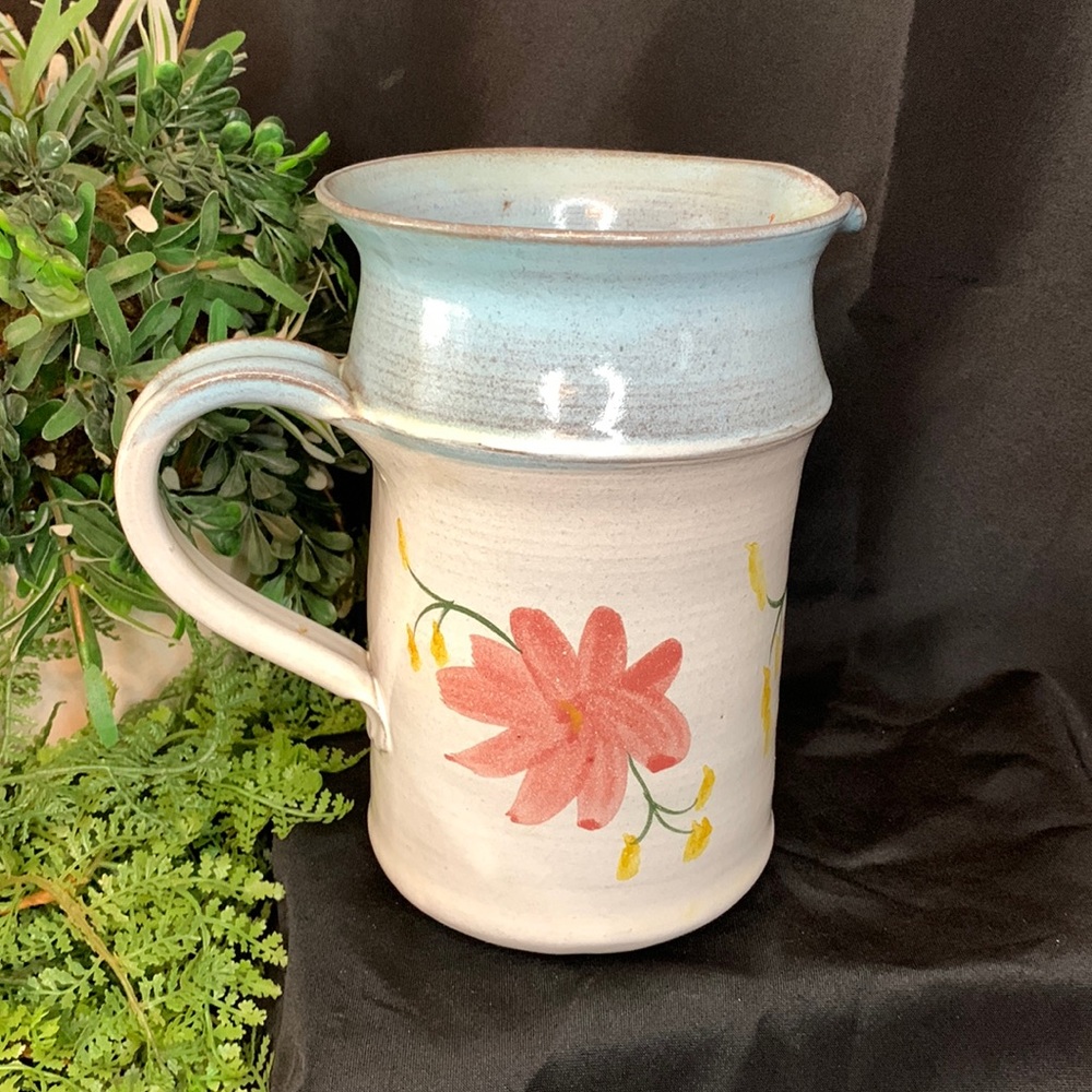 Beautiful artist signed pale blue floral earthenware pottery pitcher